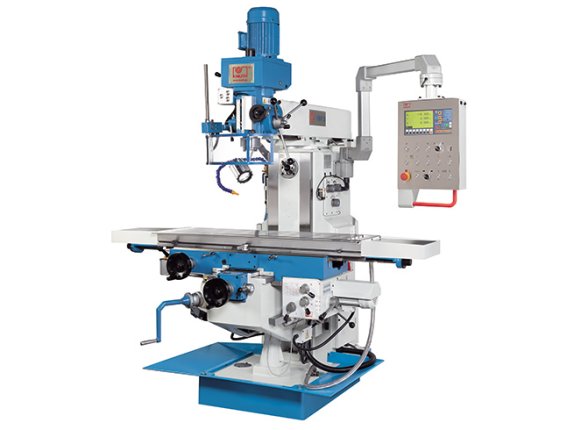 VHF 3 - Mit schwenkbarem Vertikalfräskopf, automatischen Vorschub in X- und Y-Achse und motorische Tischhöhenverstellung, Horizontalspindel und Schwenktisch